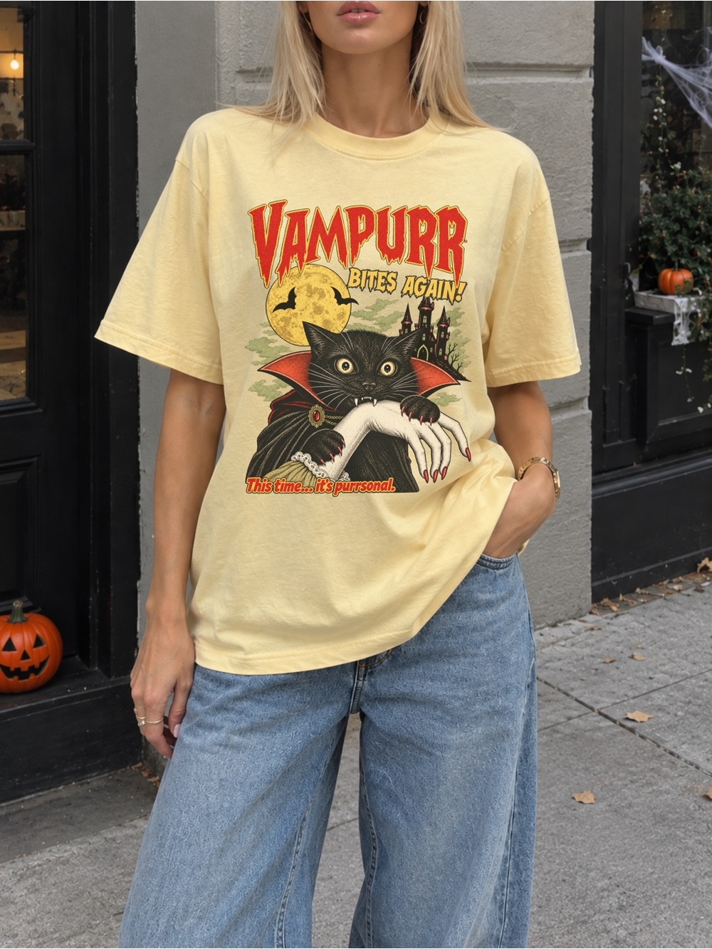 Funny Black Cat Tee Vampurr Bites Again Halloween Unisex T-Shirt